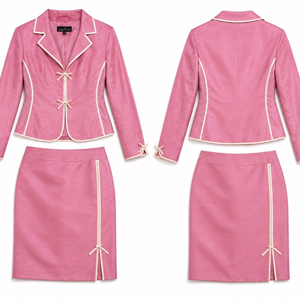 Rena Rowan Pink Piped Leather Blazer & Skirt Set